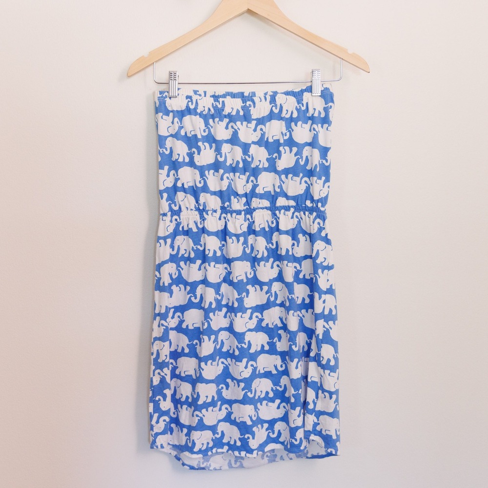 Lilly Pulitzer Blue White Elephant Print Pima Cotton Strapless Tube Dress M - Picture 2 of 7